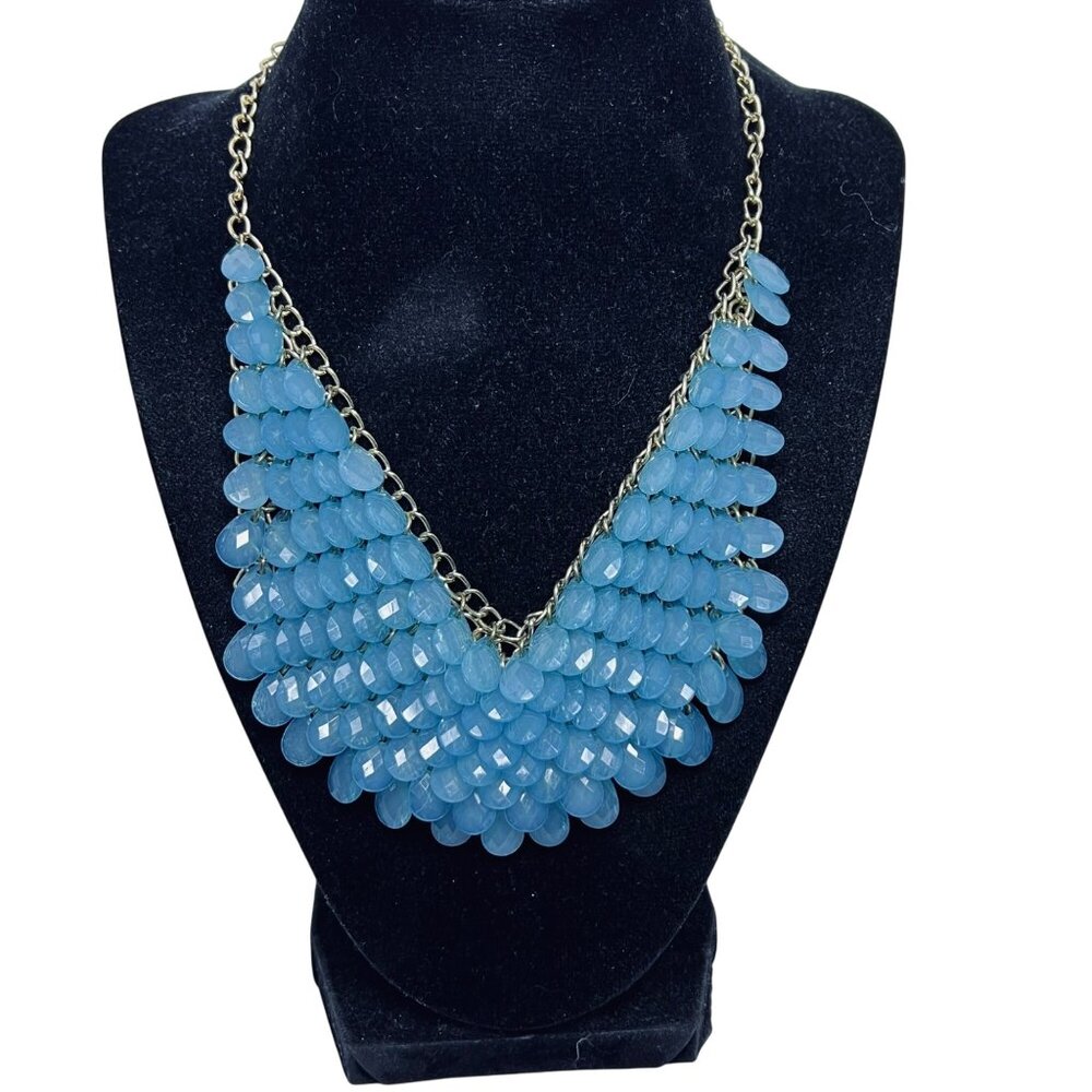 Aqua Blue Teardrop Beaded Statement Necklace With Gold Tone Chain  (5534)